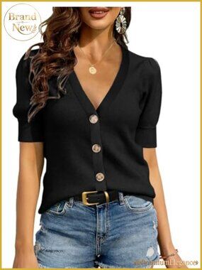 Womens Short Sleeve Puff Sweater Ribbed Knit Button Down Pullover Top Blouse